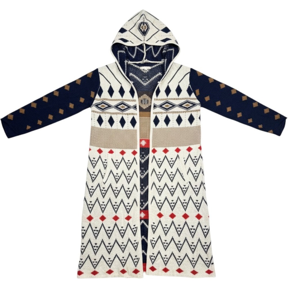 Anandas Collection Southwestern Long Soft Hooded Cardigan Navy Red Tan L XL